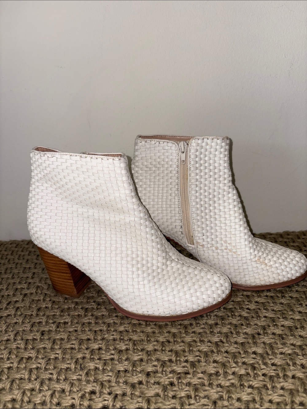 Woven White Ankle Booties with Stacked Heel